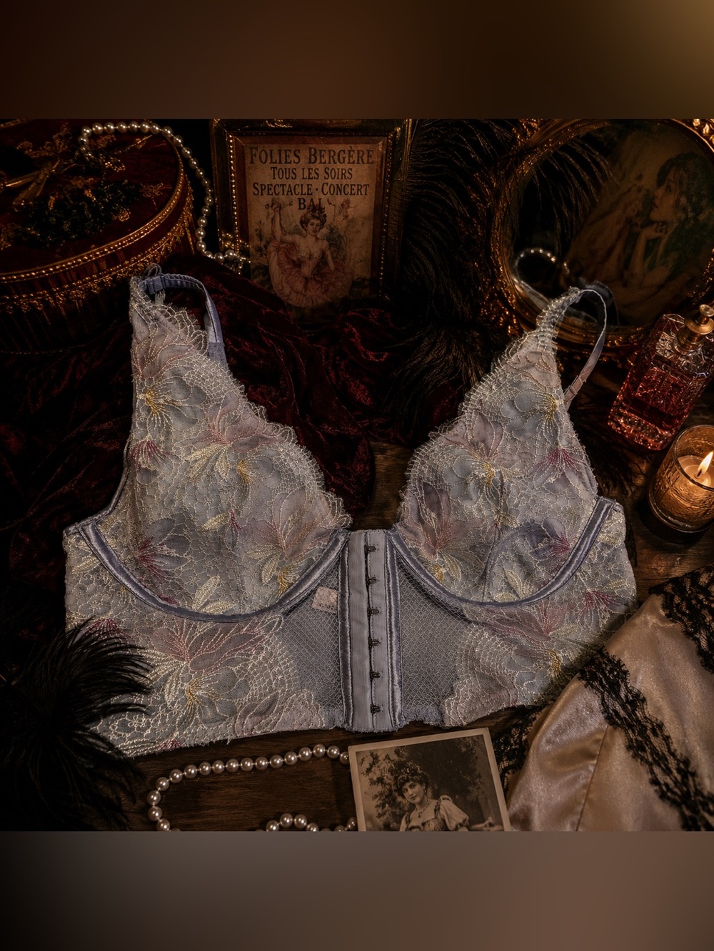 Victoria's Secret Light Blue Lace Bra with Pastel Floral Embroidery Small Medium